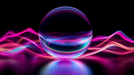 Glowing light trails encircling a floating sphere in darkness