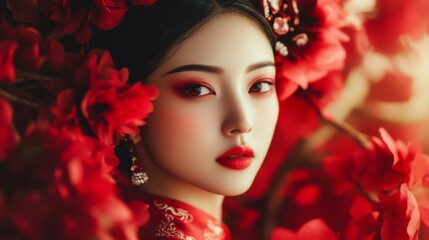 Naklejka premium Portrait of a Woman in Red Dress Adorned with Flowers
