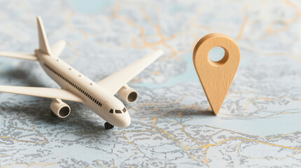 Travel Destination Pointer: A miniature airplane model sits beside a wooden location marker on a detailed map, symbolizing journey planning, travel aspirations.