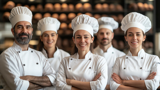 A team of five gourmet chocolate makers, three men and two women, dressed in artisanal chef uniforms, standing in a boutique chocolate factory with blurred shelves of handcrafted truffles behind them