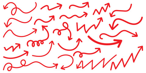 Hand drawn vector arrow set. Collection of line arrows. Set simple curved hand drawn arrows. Collection of pointers.  Set of simple of hand drawn Red arrows. Set of simple lines hand drawn red arrows.