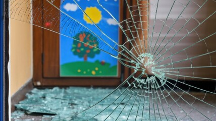 A photo of broken glass from a window with a child's poster or drawing in the background.