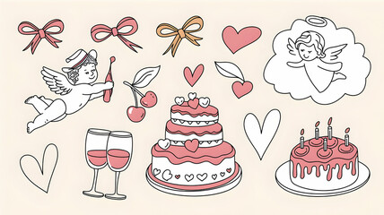 A cute set of hand-drawn birthday dessert icons including cakes, cupcakes, muffins, candy, and cherries, in a seamless pink pattern, perfect for celebrations and holidays