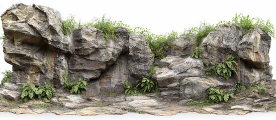 Rocky outcrop with vegetation; isolated, white background; game design asset