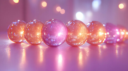 Glowing Pink and Purple Glass Spheres on Reflective Surface