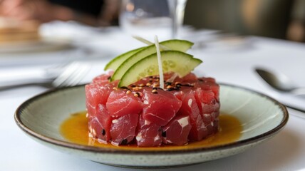 Tuna tartare: Fresh raw tuna, diced and seasoned with soy sauce and sesame oil. A delicate and refreshing seafood appetizer. The background is blurred.