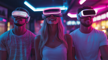 A group of four VR developers, two men and two women, wearing casual startup attire, standing in a tech lab with blurred futuristic headsets and holographic gaming environments behind them.