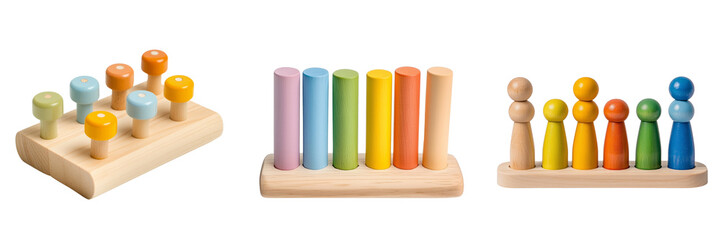 Obraz premium Colorful wooden toys on a transparent background playroom decor educational tools
