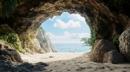 Fototapeta premium Tropical cave beach exit, sunlight, ocean view, paradise escape