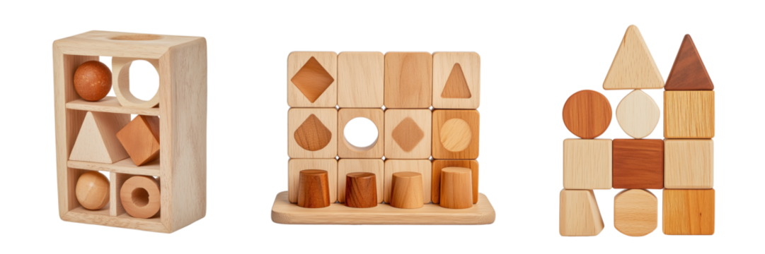 Educational wooden shape sorting toys on a transparent background kids' playroom vibrant close-up