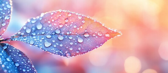 Close-up of vibrant leaves with water droplets glistening in soft pastel background light