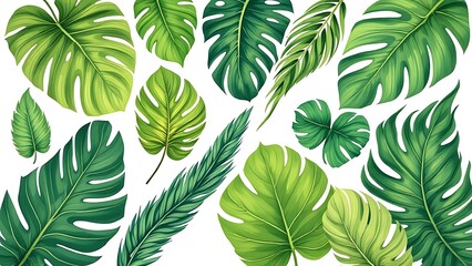 Palm leaves set in isolated background, watercolor botanical painting