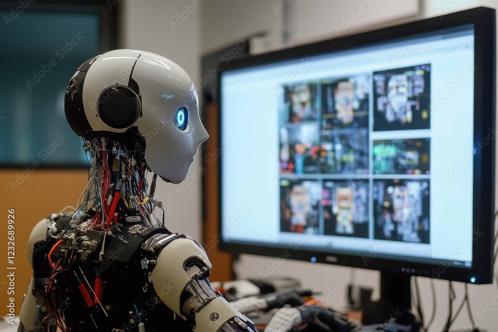 Poster advanced humanoid robot interacting with computer screen in a technology lab setting