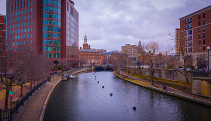 Obraz premium Providence Rhode Island Downtown Skyline, Skyscrapers, Promenade, and Bridges over the River