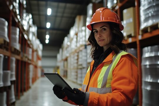 Warehouse worker checks inventory on tablet while wearing safety gear in storage facility