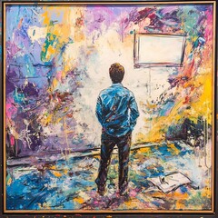 Obraz premium Man contemplates abstract art studio painting