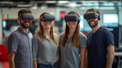 A group of four VR developers, two men and two women, wearing casual startup attire, standing in a tech lab with blurred futuristic headsets and holographic gaming environments behind them.