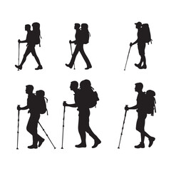 Naklejka premium Set of silhouette of Hiking man. hikers with rucksacks and backpack silhouette.