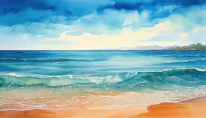 Obraz premium Beautiful watercolor painting of a tranquil seascape featuring gentle ocean waves, a sandy shoreline, and a distant mountain range under a cloudy blue sky.