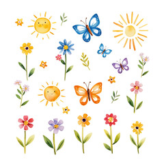 A vibrant collection of flowers and butterflies alongside smiling suns, showcasing a playful and colorful design.