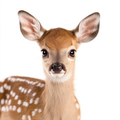 Adorable fawn with spotted fur against a white background, detailed wildlife portrait of baby deer
