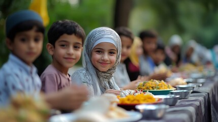 Smiling Muslim Children Enjoying a Festive Meal Outdoors