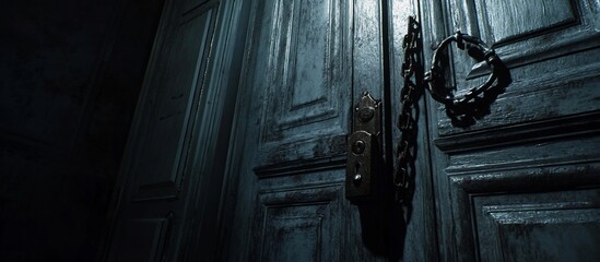 Chained door in dark room; mystery, suspense, horror game