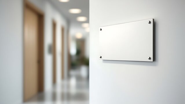 Name plate design mockup handing on door, 3d render. Door sign mock up template on entry in cabinet. Office hall interior with nameplate on door