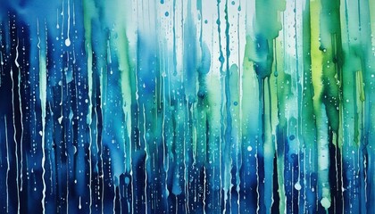 A stunning abstract composition with vertical streams of blue and green, creating a fluid, rain-like effect reminiscent of waterfalls in motion.
