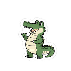 Fototapeta premium A cartoon-style alligator standing upright, smiling with a friendly demeanor, showcasing distinct scales and a light-colored belly.