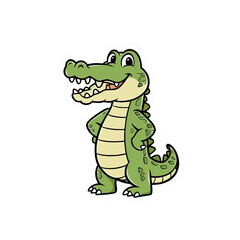 Obraz premium A cartoon alligator with a big smile, standing confidently with hands on its hips, featuring green skin and a striped belly.