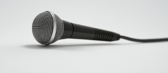 Studio microphone angled, white background, podcast, broadcasting