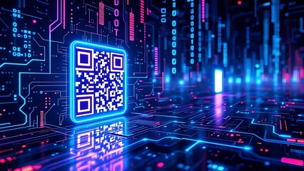 A dynamic digital representation of QR codes with glowing data streams on a circuit board, illustrating high-tech information transfer