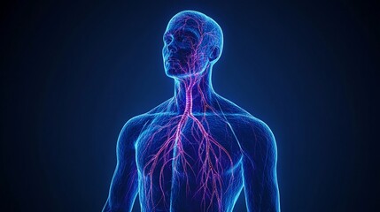 Male head, neck, and chest vascular system, 3D render, dark blue background, medical illustration