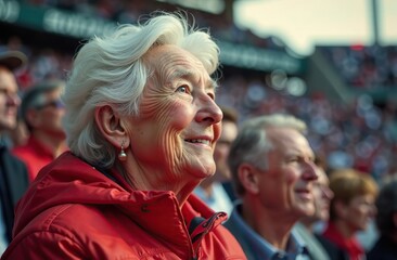 Obraz premium The old lady at the stadium sports event competition cheering. Generative ai image