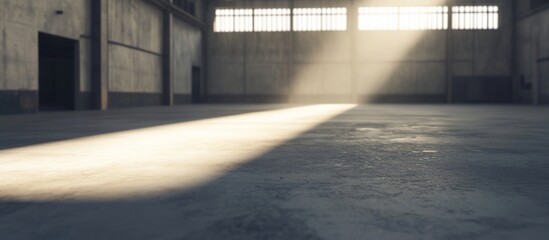 Obraz premium Sunlit warehouse interior, empty floor, industrial background, product display
