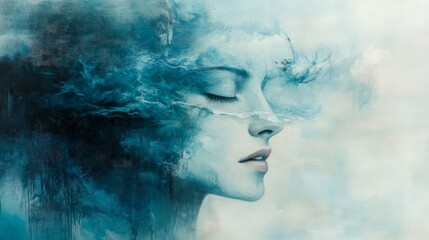 Fototapeta premium Serene Woman Portrait with Blue Water Textures