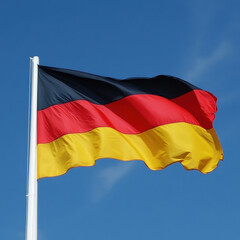 Fototapeta premium German flag waving in the wind against a clear blue sky. The flag consists of three horizontal stripes in black, red, and gold, mounted on a white flagpole