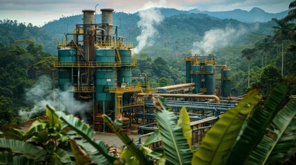 Fototapeta premium A large industrial processing facility stands amid dense green mountains, with smoke billowing from tall chimneys against a backdrop of overcast skies and tropical foliage.