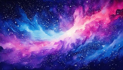 Fototapeta premium Vibrant abstract artwork depicting a cosmic galaxy with swirling blue, purple, and pink nebulae, glowing stars, and a dreamy space atmosphere.