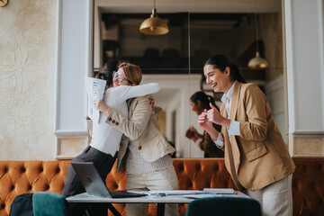 Three businesswomen share a positive moment in an office setting, celebrating teamwork and achievement.