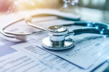 Healthcare documents and stethoscope on a desk during a consultation