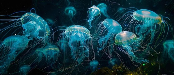 Obraz premium Enchanting Bioluminescent Marine Life in the Depths of the Ocean
