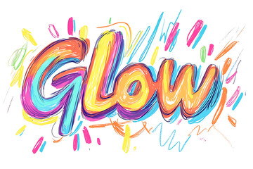  A vibrant artistic illustration of the word Glow painted in colorful brush strokes on a white background, featuring dynamic textures and expressive splashes of color.