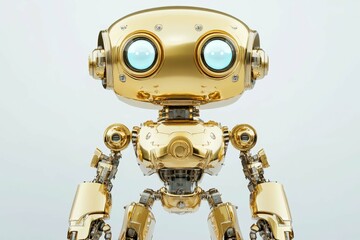 Gold robotic figure standing upright with bright blue eyes in a neutral background, showcasing intricate mechanical design and futuristic aesthetics