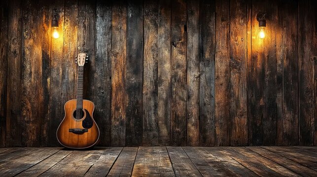 Acoustic guitar leaning rustic wood wall, lamps