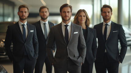 A group of five luxury car sales executives, three men and two women, dressed in elegant business suits, standing in a high-end showroom with blurred premium cars and modern architecture in the backgr