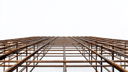 Fototapeta premium Rusty rebar grid, construction site, low angle, white background, architectural design