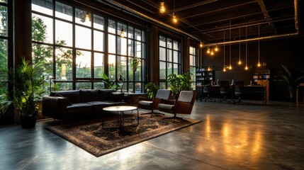 Modern Industrial Office Interior with Cozy Lounge Area and Plants