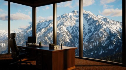 Modern Office with Mountain View in a Scenic Nature Landscape